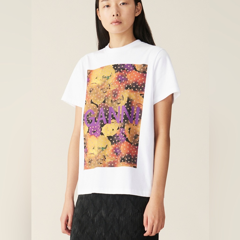 Ganni White Tee with Yellow-Orange Floral Panel and Purple Logo